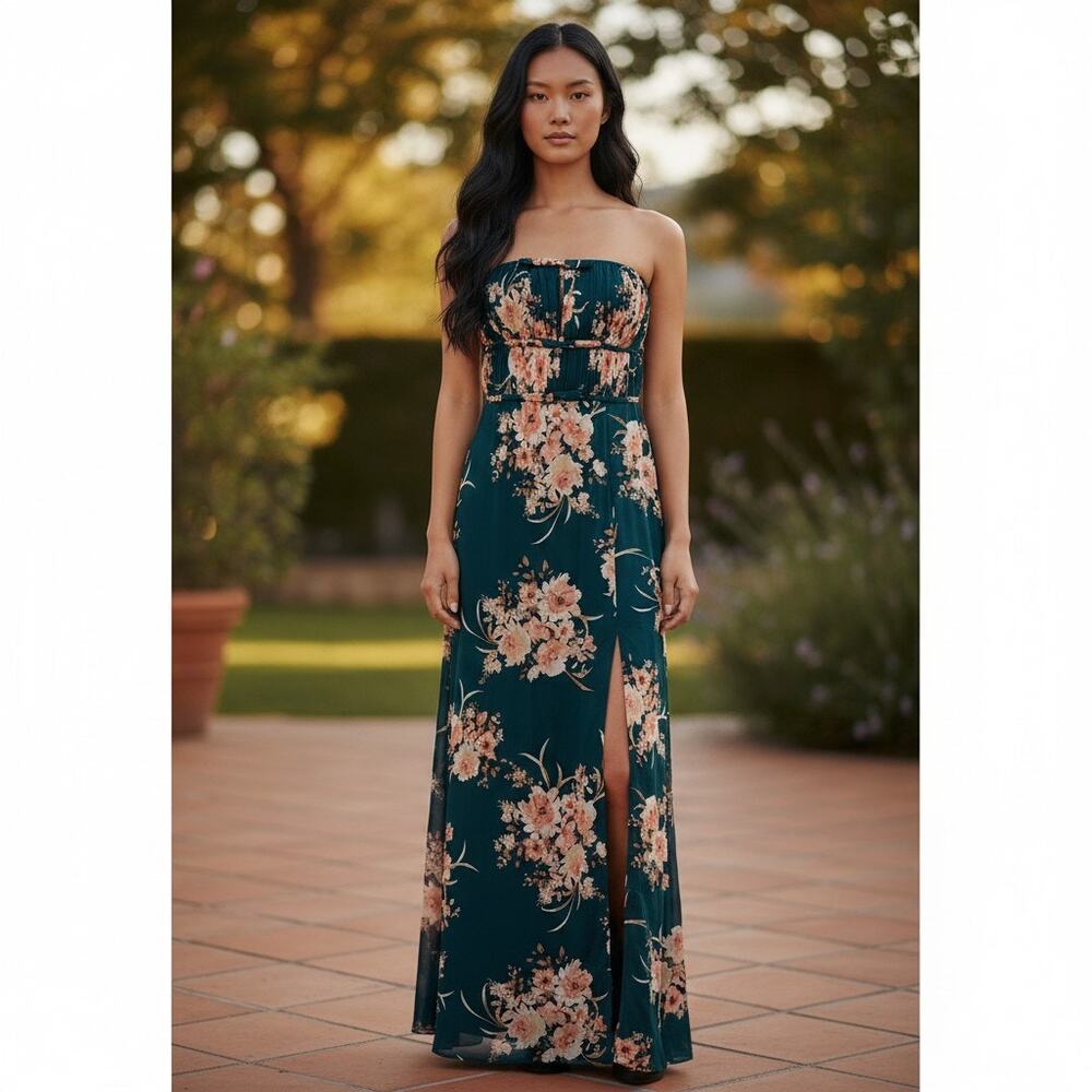 NWT Lulus “Wonderful Waltz” Green Floral Strapless Bustier Maxi Dress in Small